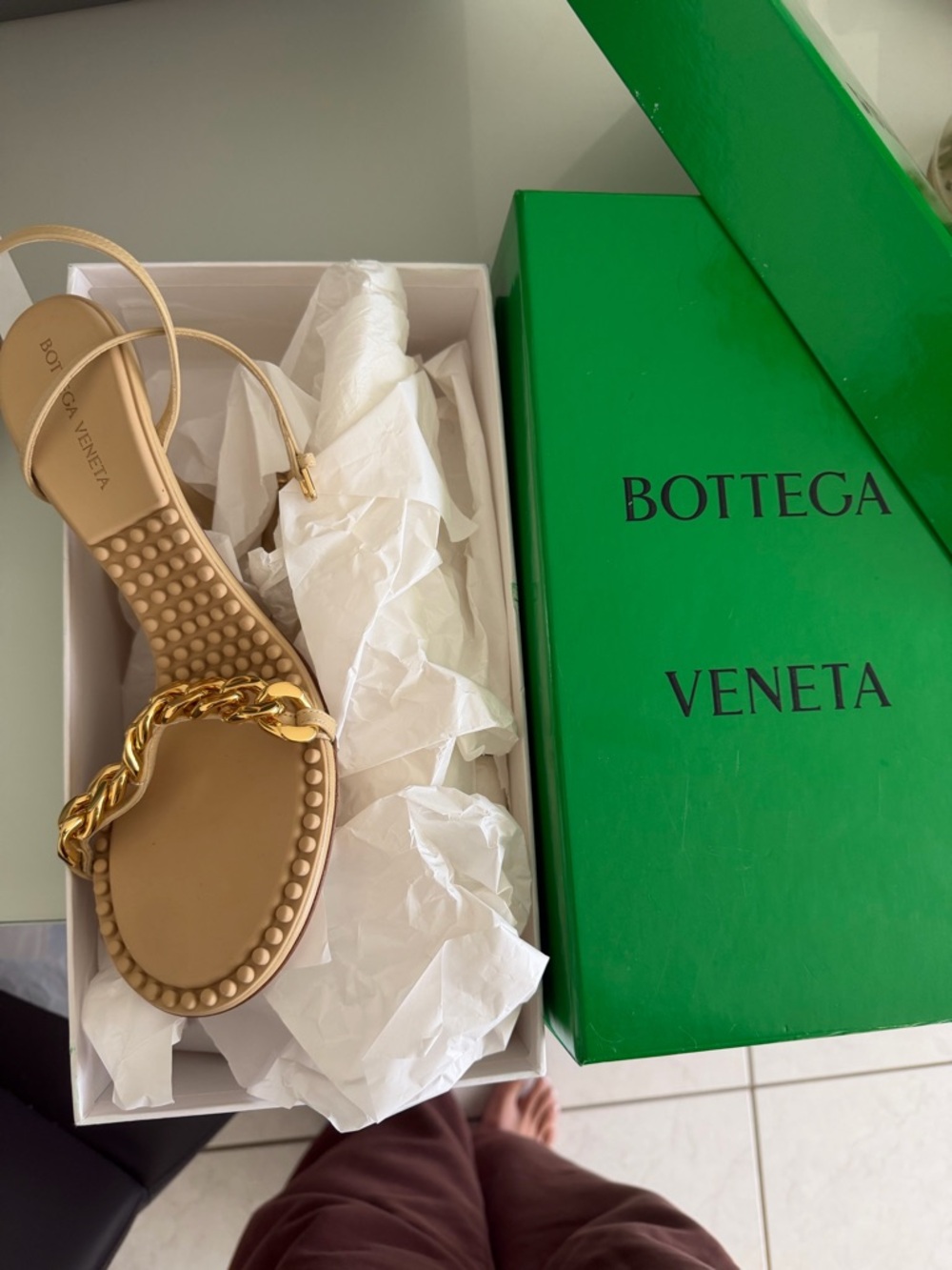 Bottega Veneta Tan Chain-Accent Women’s Sandal